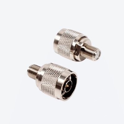 Showcasing 2 pice of F female to N male connector from different angles